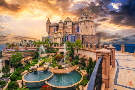 Panorama landscape with beautiful medieval castle in Ba Na Hills in Da Nang in Vietnam at sunsetの写真素材