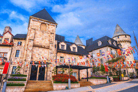 medieval European stone houses in French village in Ba Na Hills Park in Da Nang in Vietnamの写真素材