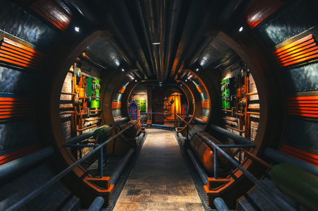 interior of a tunnel in an underground nuclear bomb shelter in steampunk post-apocalypse styleの写真素材