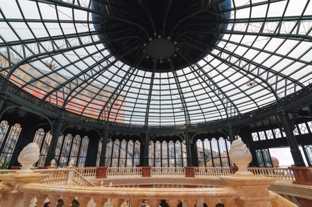 Round transparent ceiling with windows roof in hall of palace in Ba Na Hills in Da Nang in Vietnam...