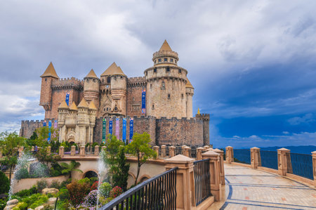 Modern medieval-style castle in Ba Na Hills amusement park on a mountain in Da Nang. Da Nang,...
