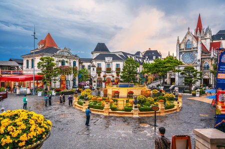 The central square of medieval stone town with castle in Ba Na Hills Park. Da Nang, Vietnam - September 13, 2024のeditorial素材