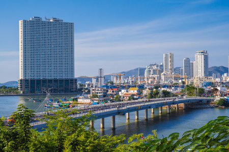 Panoramic view of Cai River and Xom Bong Bridge in Nha Trang city in summer. Nha Trang, Vietnam - August 8, 2024のeditorial素材