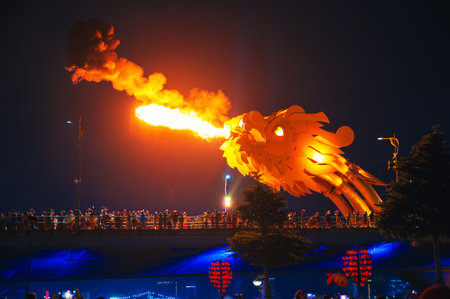 Fire show on Dragon Bridge in Da Nang in Vietnam in Asia at night