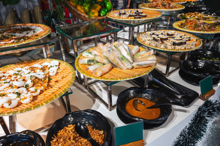 traditional Asian buffet food in restaurant in Asia. Vietnamese spring rolls and rolls in hotel for...