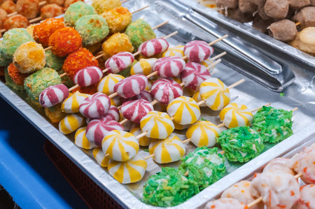 Fast food at Asian night market in Asia. Traditional Vietnamese street food on the counter in Vietnam in Da Nangの写真素材