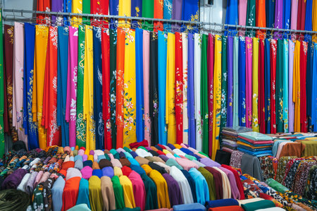 clothing and fabrics at textile market bazaar in Asia in Vietnamの写真素材