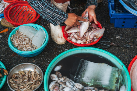 fresh fish and shrimp at Asian Sea food Street Market in Asiaの写真素材
