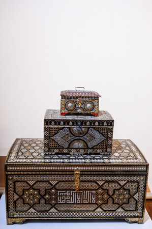 decorative wooden antique vintage chests with metal trim in traditional Uzbek style