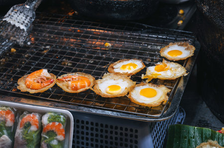 cooked traditional Vietnamese dish Banh Khot with shrimps and corn at Asian night market on the street in Vietnam in Asiaの写真素材