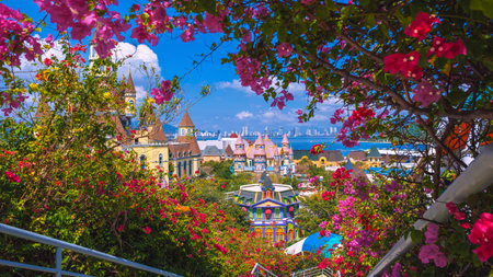 Beautiful panorama landscape view of Vinpearl Island with fantastic castles in Nha Trang city in...