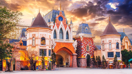 beautiful medieval castle at central square at entertainment park in Nha Trang in Vietnam at sunsetの写真素材