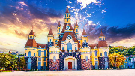 Fantastic beautiful medieval castle at Amusement Park in island in Nha Trang in Vietnamの写真素材
