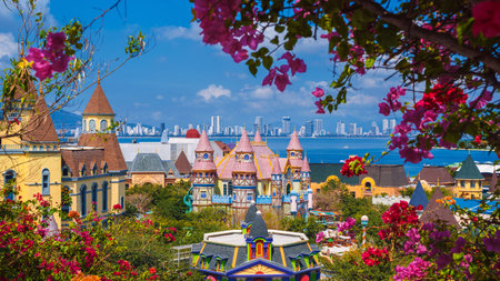 Beautiful landscape of Vinpearl Island with fantastic castles in Nha Trang in Vietnamの写真素材