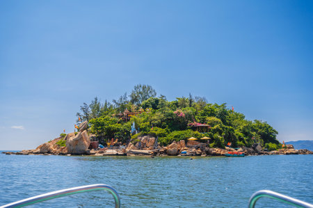 View of the Tu Ton Pagoda Island in Nha Trang. Buddhist temple on an island in the middle of the seaの写真素材
