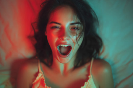 woman in the bedroom lies on bed and screams from orgasm during sexの素材