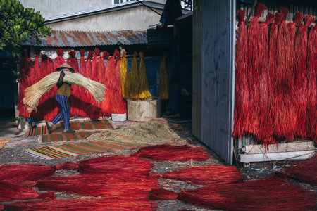 Vietnamese woman in a traditional straw hat dries dyed reeds for the production of woven mats at factory in an artisan village in Vietnamの写真素材