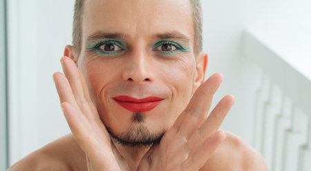portrait of happy gay man with makeup and cosmetics on face. A white man with red lipstick on lips and mascara on eyesの写真素材