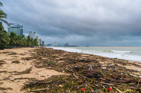Piles of garbage and waste on the beach by sea after a storm in cloudy rainy weather. Environmental...
