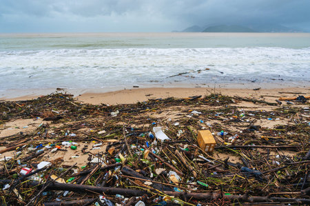 Piles of garbage and waste on beach by the sea after a storm in Nha Trang in Vietnam. Environmental...