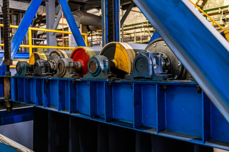 Vibrant drums align on a conveyor belt, a testament to the meticulous process of metal coating.