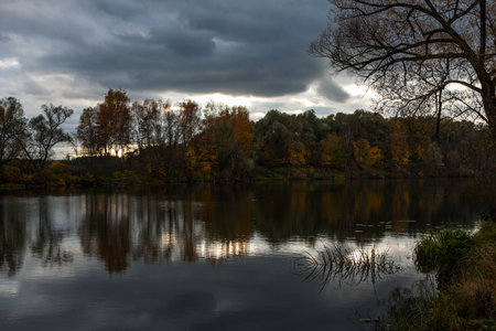 A scenic view of a tranquil river reflecting the trees and overcast sky at the Arkhangelskoe Estate...