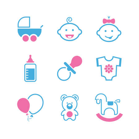 Baby   icon set - boy, girl, pram, dummy, bottle, romper suit, balloon, bear cub and toy horse
