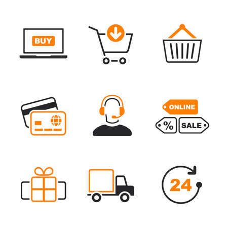 Online shopping simple vector icon set - shop, computer, cart, delivery, card, gift, operatorのイラスト素材