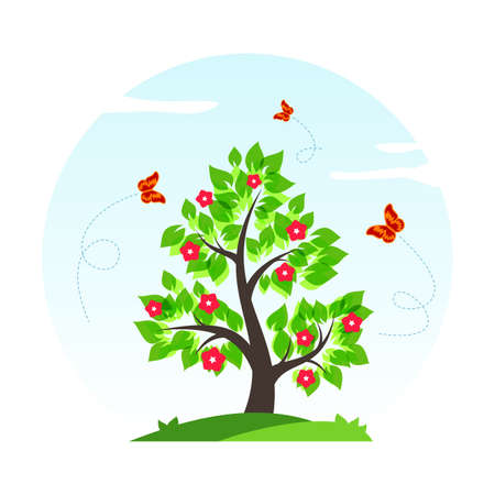 Spring tree with green leaves, flowers and butterflies - vector illustrationのイラスト素材