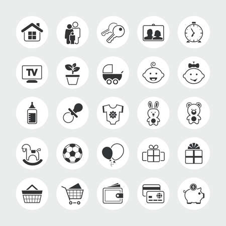 Family and home total vector icon set  house key toy baby child dummy gift carriage bottle shop purse etcのイラスト素材
