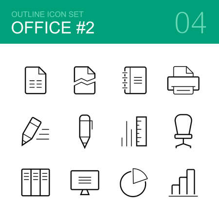 Office vector outline icon set - file, pen, pencil, computer, folder, printer, ruler, chair, diagram    and graphのイラスト素材
