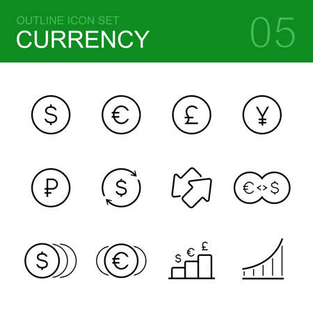 Currency vector outline icon set - dollar, euro, ruble, pound, yen, coin and moneyのイラスト素材