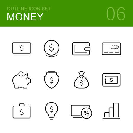 Money vector outline icon set - cash, wallet, credit card, moneybox, shield, fortune, bank, idea, business and graphのイラスト素材