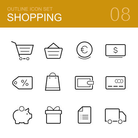 Shopping vector outline icon set - cart, delivery, wallet, card, money box, cash, sale, gift and shopping listのイラスト素材