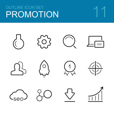 Business promotion vector outline icon set - bottle, wheel, search, notebook, clients, rocket, medal, target, seo, steps, download and graphのイラスト素材