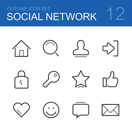 Social network vector outline icon set - home, search, man, log in, lock, key, star, thumbs up, heart, smile, chat and mailのイラスト素材