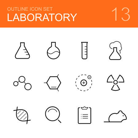 Chemistry laboratory vector outline icon set - bottle, tube, reaction, molecule, atom, radiation, dna, research, report and ratのイラスト素材