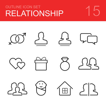 Relationship vector outline icon set - sex, man, woman, conversation, love, gift, wedding ring, couple, family, child, home, divorceのイラスト素材
