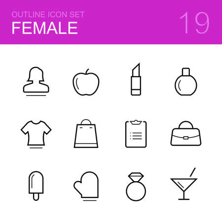Female vector outline icon set - woman, apple, perfume, lipstick, t-shirt, bag, shopping list, ice-cream, cooking, ring and cocktailのイラスト素材