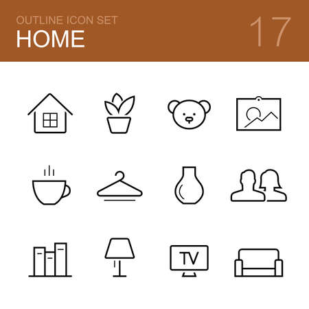 Home vector outline icon set - house, plant, toy, picture, coffee, hanger, vase, family, bookshelf, lamp, tv and sofaのイラスト素材
