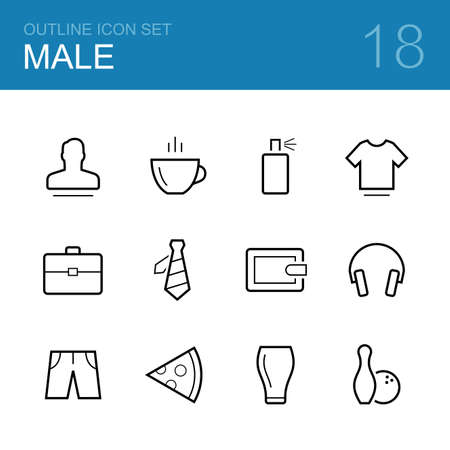 Male vector outline icon set - man, coffee, deodorant, t-shirt, briefcase, tie, wallet, headphones, shorts, pizza, glass and bowlingのイラスト素材