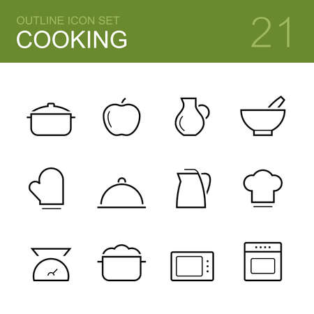Cooking vector outline icon set - saucepan, apple, carafe, dish, oven glove, kettle, tray, cook, scales, boil, microwave and gas cookerのイラスト素材