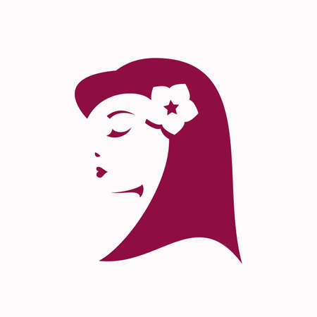 Retro girl with flower in the hair on the white background - vector logoのイラスト素材