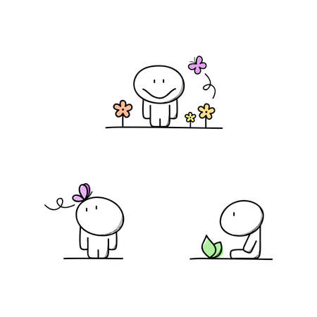 Cute man, butterfly and flowers - springtime cartoon vector illustrationのイラスト素材