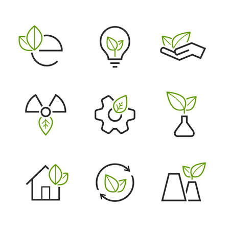 Ecology simple icon set - green leaves, palm, bulb, wheel, house, plant, sprout, and  others symbolsのイラスト素材