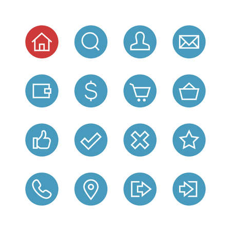 Website vector icon set - different symbols on the round blue background.のイラスト素材