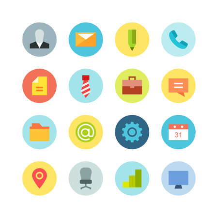 Flat business vector icon set - different bright symbols on the colored backgroundのイラスト素材