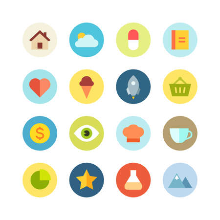 Flat vector icon set - different bright symbols on the colored backgroundのイラスト素材