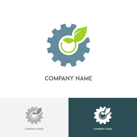 Ecology and industry logo - gear wheel and fresh green sprout on the white backgroundのイラスト素材