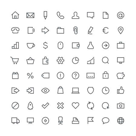 Business, office, contacts, shop, money, system and website total outline vector icon set - 64    different symbols on the white backgroundのイラスト素材